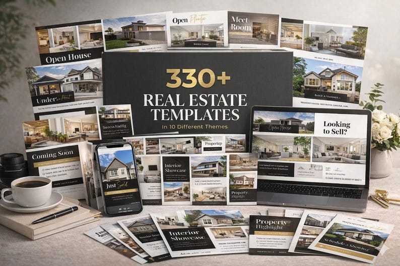 Luxury real estate Instagram templates bundle for realtors, editable Canva social media marketing kit with modern black and gold branding posts
