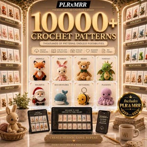 May include: A digital library of 10,000+ crochet patterns featuring images of a fox, bunny, bear, dragon, Santa, whale, bee, and octopus. The display includes a laptop, tablet, and smartphone showing pattern collections, with a crochet rabbit in a basket.