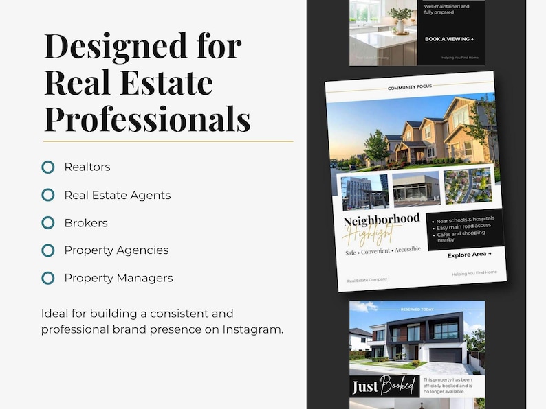 Modern real estate social media templates for agents, editable Canva realtor marketing kit with professional Instagram posts