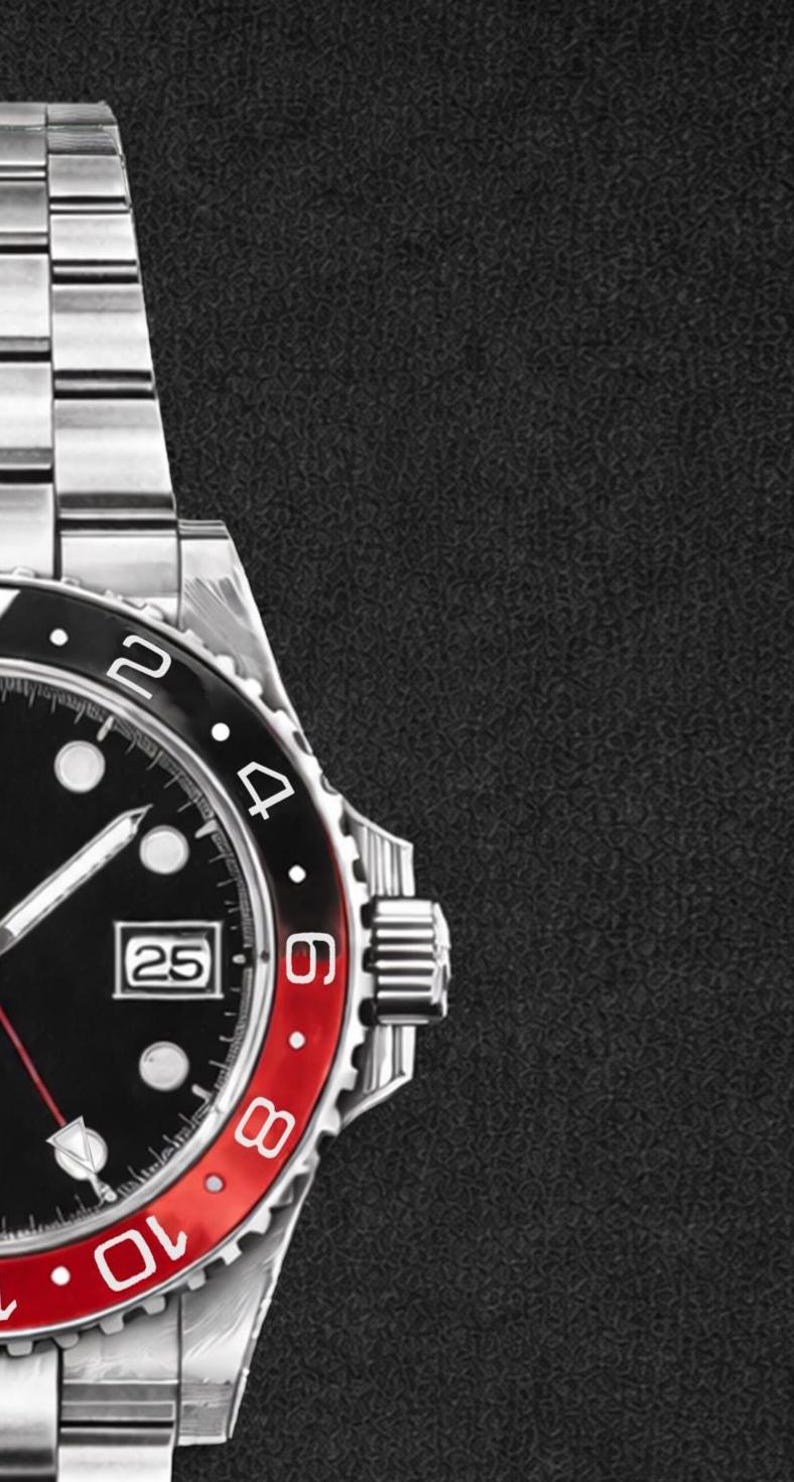 K&ouml;nnte beinhalten: Nahaufnahme einer Edelstahl-Armbanduhr mit schwarzem Zifferblatt und rot-schwarzer L&uuml;nette. Das Zifferblatt zeigt das Datum an, und die Zeiger sind sichtbar. Das Armband der Uhr ist ebenfalls aus Edelstahl.