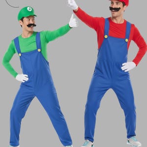 May include: Two people dressed as Mario and Luigi from the Super Mario Bros. video game. One wears a red shirt, blue overalls, and a red cap with a white "M". The other wears a green shirt, blue overalls, and a green cap with a white "L". Both have fake mustaches.