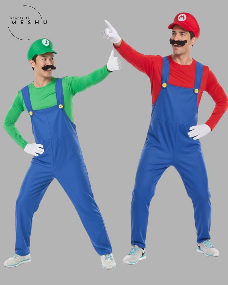 May include: Two people dressed as Mario and Luigi from the Super Mario Bros. video game. One wears a red shirt, blue overalls, and a red cap with a white "M". The other wears a green shirt, blue overalls, and a green cap with a white "L". Both have fake mustaches.