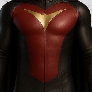 May include: Black and red superhero costume with a gold emblem. The costume features a red chest panel with a gold emblem and black sleeves and torso. The costume is made of a leather-like material.
