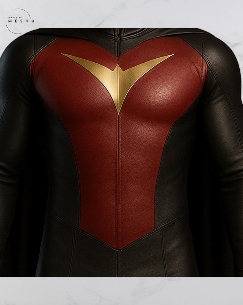 May include: Black and red superhero costume with a gold emblem. The costume features a red chest panel with a gold emblem and black sleeves and torso. The costume is made of a leather-like material.