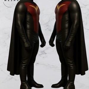 May include: Two identical black and red superhero costumes. Each costume features a black bodysuit with a red chest and a gold emblem, long black gloves, boots, and a black cape. The costumes are displayed side by side.