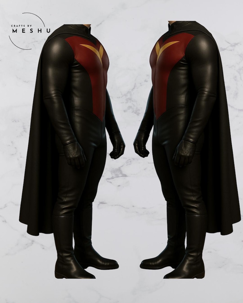 May include: Two identical black and red superhero costumes. Each costume features a black bodysuit with a red chest and a gold emblem, long black gloves, boots, and a black cape. The costumes are displayed side by side.