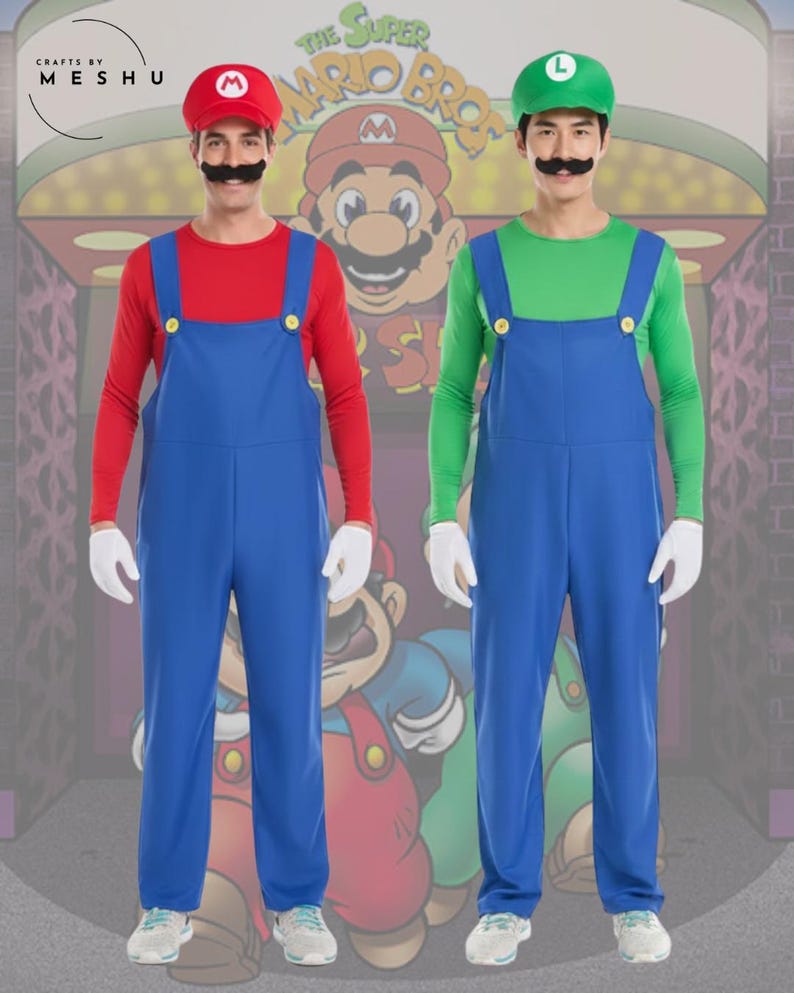 May include: Two Mario Bros costumes. One costume features a red long-sleeve shirt, blue overalls, a red hat with a white "M", a black mustache, and white gloves. The other costume features a green long-sleeve shirt, blue overalls, a green hat with a white "L", a black mustache, and white gloves.