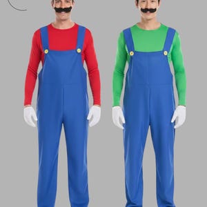 May include: Two full-body costumes, one red and blue, the other green and blue. The red costume has a red cap with an "M" and the green costume has a green cap with an "L". Both have a fake mustache, blue overalls, and white gloves.