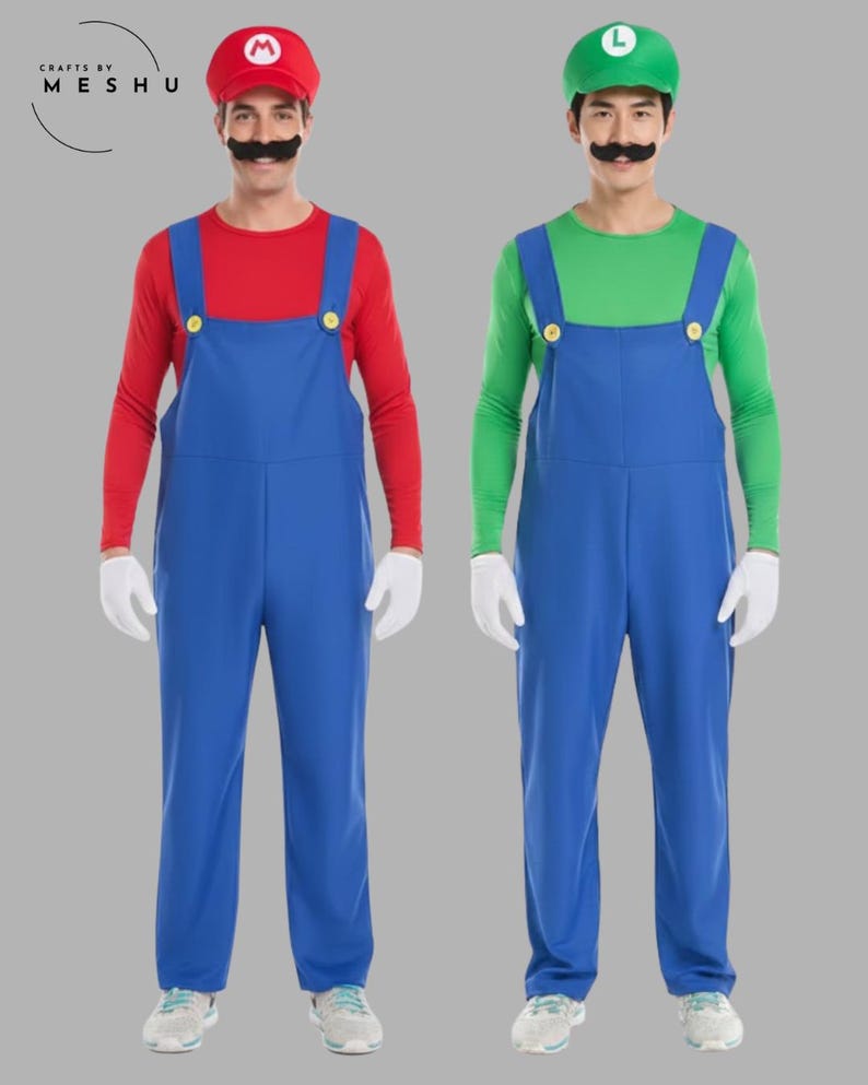 May include: Two full-body costumes, one red and blue, the other green and blue. The red costume has a red cap with an "M" and the green costume has a green cap with an "L". Both have a fake mustache, blue overalls, and white gloves.