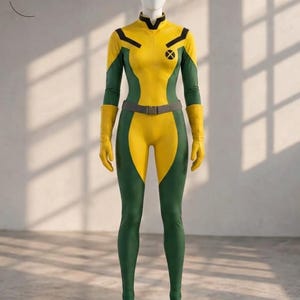 May include: A full-body yellow and green jumpsuit costume featuring long sleeves, a high collar, and matching yellow gloves. A grey belt with a buckle sits at the waist. A black X-Men logo is on the left chest. The text Crafts by Meshu is visible.