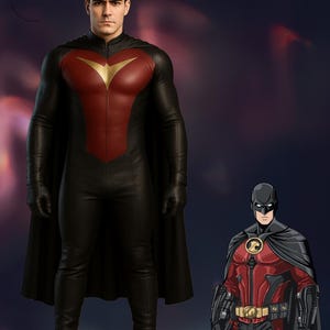 May include: A person in a black and red superhero costume with a gold emblem on the chest. The costume includes a cape, gloves, and boots. A smaller illustration of the costume is on the right.