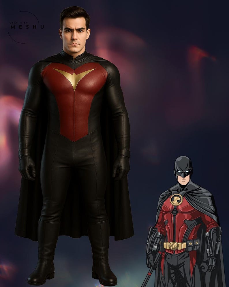 May include: A person in a black and red superhero costume with a gold emblem on the chest. The costume includes a cape, gloves, and boots. A smaller illustration of the costume is on the right.