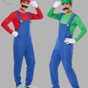 May include: Two people dressed in Mario and Luigi costumes. The costumes include blue overalls, red and green long-sleeved shirts, matching hats, white gloves, and fake mustaches. The outfits are for cosplay or costume parties.