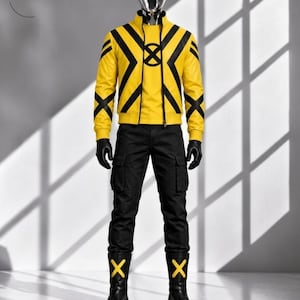 May include: A yellow jacket with black X-shaped patterns and a circular X logo on the chest, worn over a yellow shirt. The outfit includes black cargo pants, black gloves, and black boots featuring a yellow X symbol on each shin.