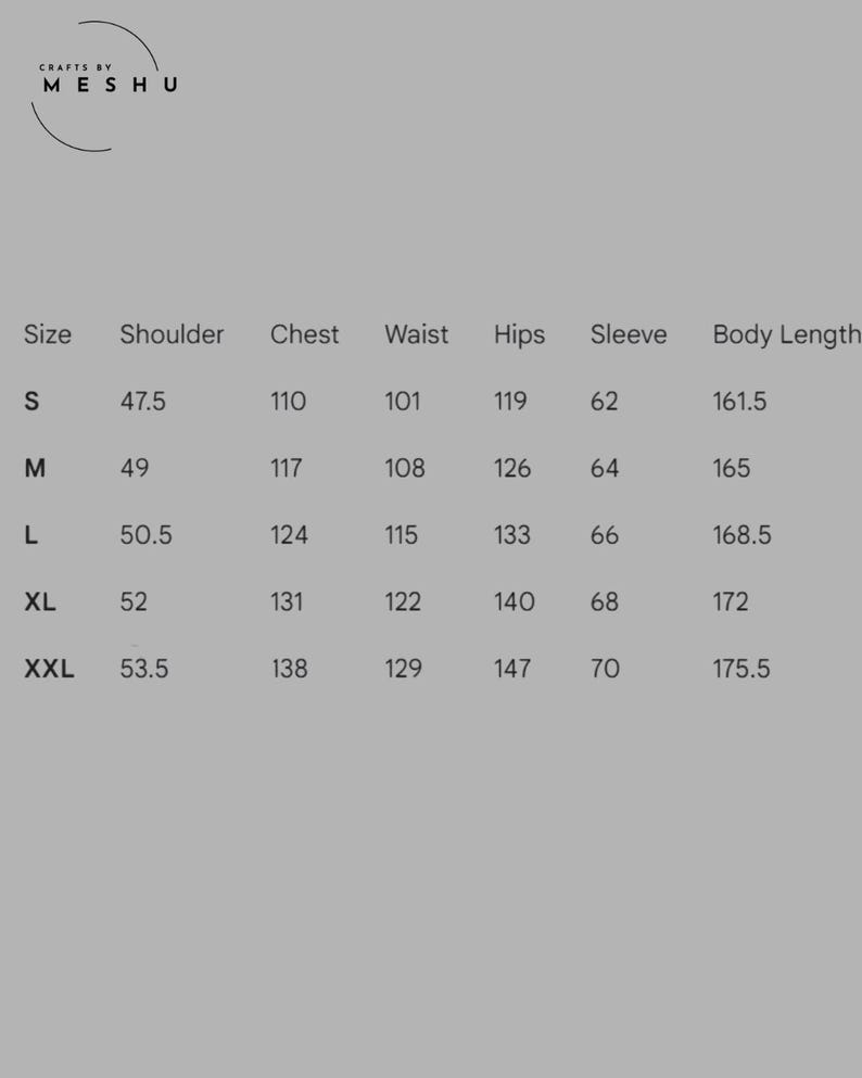 May include: A product size chart with measurements in centimeters. The chart includes sizes S, M, L, XL, and XXL, with corresponding shoulder, chest, waist, hips, sleeve, and body length measurements. The brand name "CRAFTS BY MESHU" is at the top.