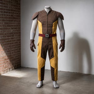 May include: A full-body costume featuring a brown and yellow jumpsuit with a front zip, shoulder pads, and a maroon belt with a silver X-shaped buckle. The outfit includes brown leather gloves and is displayed on a mannequin with bare feet.