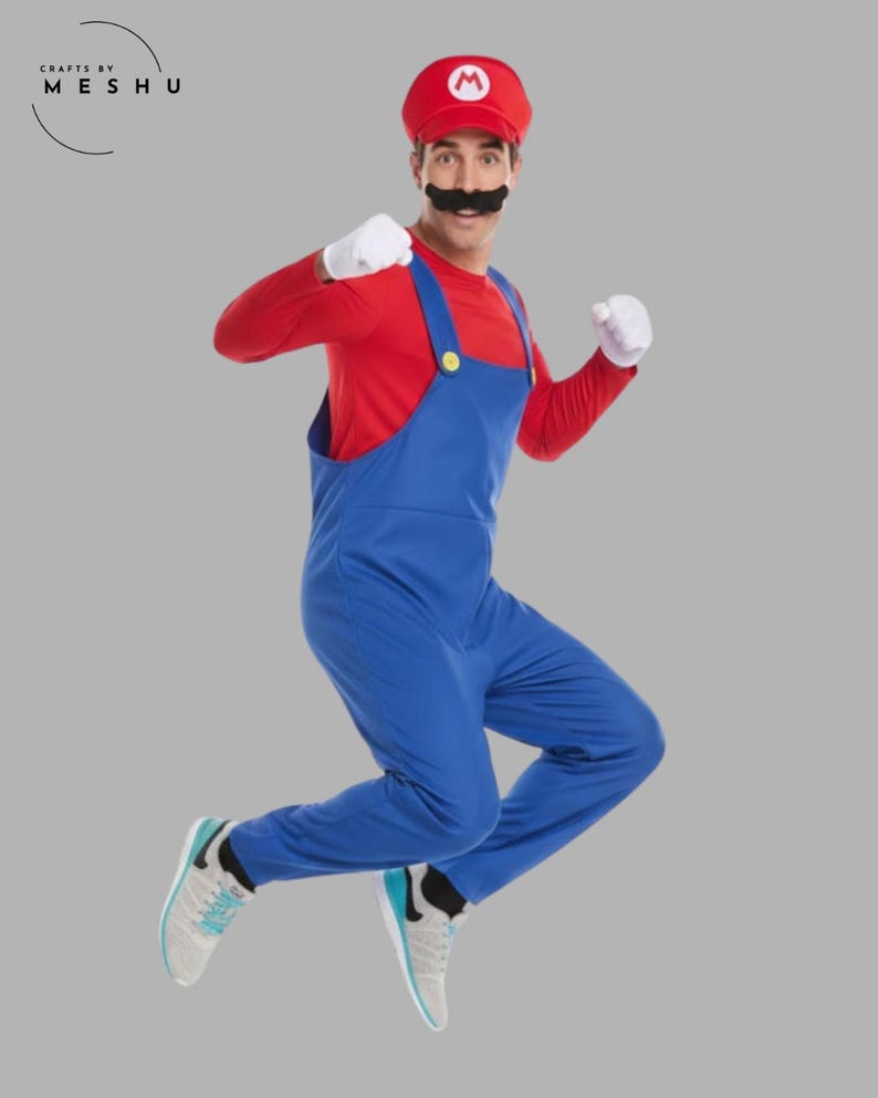May include: A person in a Mario costume jumps in the air. The costume includes a red cap with a white "M", a red long-sleeve shirt, blue overalls, white gloves, and a black mustache. The person is wearing gray and blue sneakers.