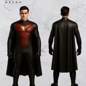 May include: A black superhero costume with a red and gold chest emblem and a long black cape. The costume includes gloves, boots, and a form-fitting design. The front and back views are displayed. The text "Crafts by Meshu" is in the upper left corner.