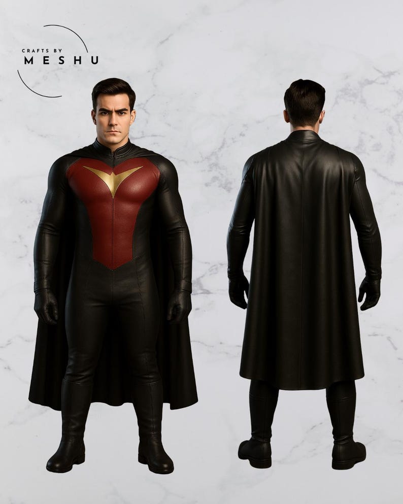 May include: A black superhero costume with a red and gold chest emblem and a long black cape. The costume includes gloves, boots, and a form-fitting design. The front and back views are displayed. The text "Crafts by Meshu" is in the upper left corner.