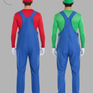 May include: Two costumes inspired by video game characters. One features a red long-sleeve shirt, blue overalls, a red cap, and white gloves. The other has a green long-sleeve shirt, blue overalls, a green cap, and white gloves. The costumes are for cosplay.