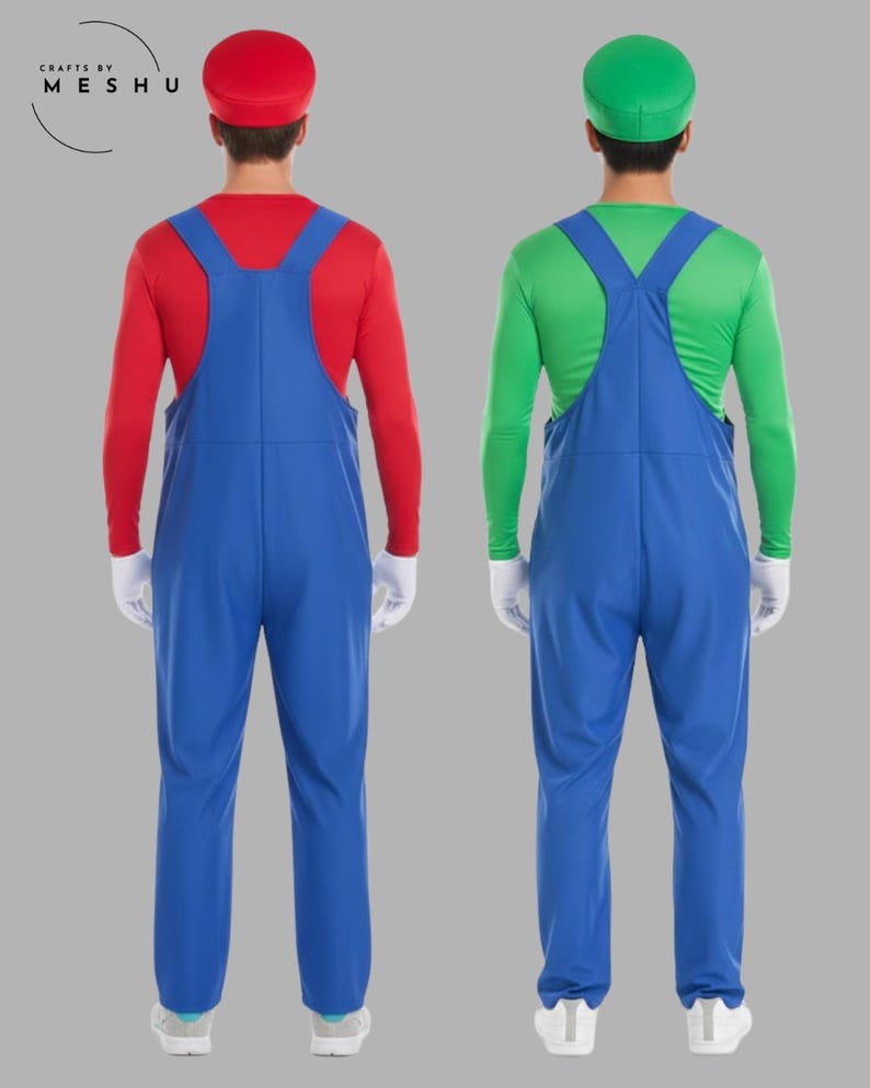 May include: Two costumes inspired by video game characters. One features a red long-sleeve shirt, blue overalls, a red cap, and white gloves. The other has a green long-sleeve shirt, blue overalls, a green cap, and white gloves. The costumes are for cosplay.