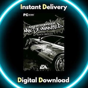 以下が含まれることがあります： ニード・フォー・スピード：モスト・ウォンテッド - ブラック・エディションの白黒画像。ゲームのカバーには車とゲームのタイトルが描かれています。「Instant Delivery」と「Digital Download」の文字も表示されています。