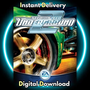 May include: A digital download advertisement for the video game "Need for Speed Underground 2." The image features a close-up of a car wheel with a gold rim and red brake calipers, a green car, and the game's logo. The text "Instant Delivery" and "Digital Download" are displayed.
