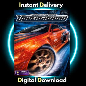 Può includere: Copertina del videogioco "Need for Speed Underground" con un'auto sportiva arancione brillante in movimento. Il titolo del gioco è ben visibile. Sono presenti anche le scritte "Consegna immediata" e "Download digitale".