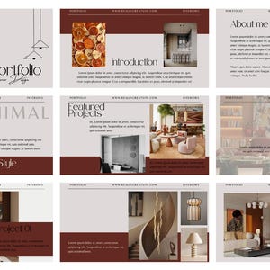 May include: A portfolio of interior design projects, featuring a minimalist aesthetic. The images showcase various rooms with modern furniture, lighting, and decor. The color palette includes neutral tones with accents of brown and white. The text includes "Portfolio", "Minimal", and "Featured Projects".