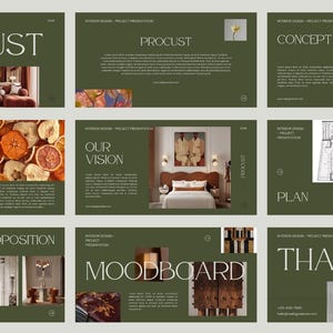 May include: A presentation on interior design with a dark green background. The slides feature text like "PROCUST", "ROOTS", "OUR VISION", "CONCEPT", "PLAN", "MOODBOARD", and "THANK YOU". Images of interior spaces and dried fruit are included.
