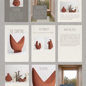 Op de afbeelding: Een collage van afbeeldingen met keramische kunstwerken. De afbeeldingen bevatten verschillende terracotta-kleurige sculpturen en vazen, samen met tekstpanelen met titels als "Keramiek", "Onze collectie" en "De ambacht."