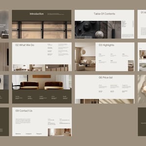 May include: A presentation deck with a neutral color palette, featuring slides on interior design. The slides include titles like "Introduction," "Table of Contents," "About Us," "What We Do," and "Project Portfolio." The design incorporates images of interior spaces.