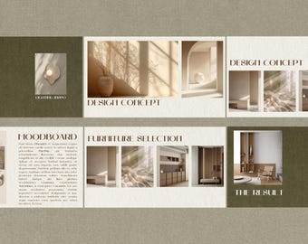 Plantilla de tablero de conceptos de diseño de interiores – Presentación en Canva, selección de mobiliario y resultado final – Presentación editable para el cliente