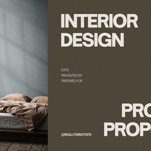 May include: An interior design project proposal with the words "INTERIOR DESIGN" and "PROJECT PROPOSAL" in large, bold, white text. The background is a bedroom with a bed, side table, and a window with sheer curtains.