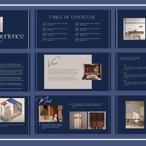 May include: A presentation slide deck with a dark blue background and white borders. The title slide reads "Healing Experience" in elegant script. Other slides include "Table of Contents," "Mission," and "Concept," with accompanying images.