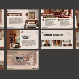 May include: A collection of interior design presentation slides with text such as "Interior Design," "Introducing," and "Our Service." The slides feature images of interior spaces and furniture, with a neutral color palette and a modern aesthetic.
