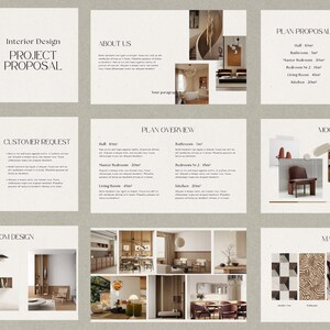 May include: A presentation layout for an interior design project proposal. The slides include "Project Proposal", "About Us", "Plan Proposal", "Customer Request", "Plan Overview", "Mood Board", "Living Room Design", and "Materials". The color scheme is neutral with beige and brown tones.
