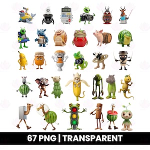 May include: A collection of 3D cartoon characters, including a calculator, alien with a camera, and a frog on an apple. The characters are diverse, with various colors and designs. The image includes the text "67 PNG | TRANSPARENT".