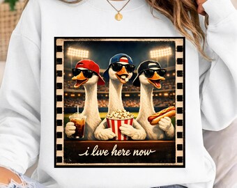 Ora vivo qui Oca PNG, Divertente trio di oche da baseball PNG, Design campo da baseball con hot dog, popcorn e caffè, Regalo umoristico per il giorno della partita di softball