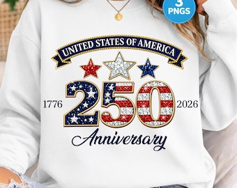 PNG per il 250° anniversario, design in stile strass America 250, grafica patriottica per il Giorno dell'Indipendenza, sublimazione DTF PNG per magliette del 4 luglio