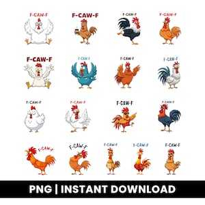 F-Caw-F Funny Chicken PNG Bundle, Rooster Meme Clipart, Screaming Chicken Art, Farm Humor PNG, Trendy Crazy Hen Digital Download, Kids gift