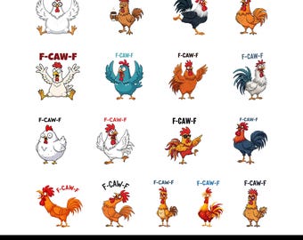 Pacchetto PNG di pollo divertente F-Caw-F, Clipart di meme di gallo, Arte di pollo urlante, PNG di umorismo agricolo, Download digitale di gallina pazza alla moda, Regalo per bambini