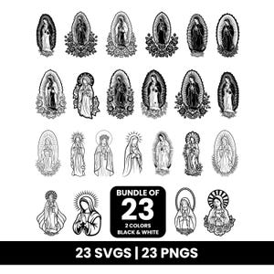 以下が含まれることがあります： さまざまなスタイルで描かれた、23点の白黒の聖母マリアのイラストのコレクション。画像には、光輪、花のアクセント、楕円形のフレームが描かれた聖母マリアの詳細な描写が含まれています。テキストには「BUNDLE OF 23, 2 COLORS BLACK & WHITE, 23 SVGS | 23 PNGS」と書かれています。