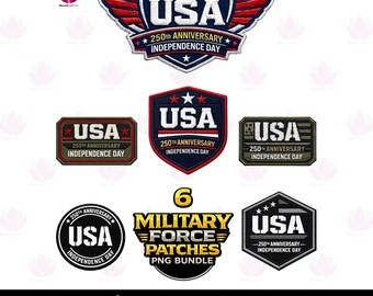 Pacchetto di toppe militari in formato PNG, patchwork per il 250° anniversario dell'indipendenza degli Stati Uniti, toppa dell'esercito, toppa dell'aeronautica, toppa tattica, clipart ricamate