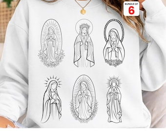 Pacchetto SVG Vergine di Guadalupe, Vergine Maria SVG PNG, Nostra Signora di Guadalupe PNG, Vergine SVG PNG, Rose di Guadalupe SVG, Illustrazione lineare di Guadalupe