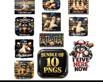 Pacchetto PNG "I Live Here Now", Pacchetto PNG "Raccoon Goose Baseball", PNG "Funny Baseball Mom", PNG "Coffee Lover", Pacchetto di download DTF per sublimazione