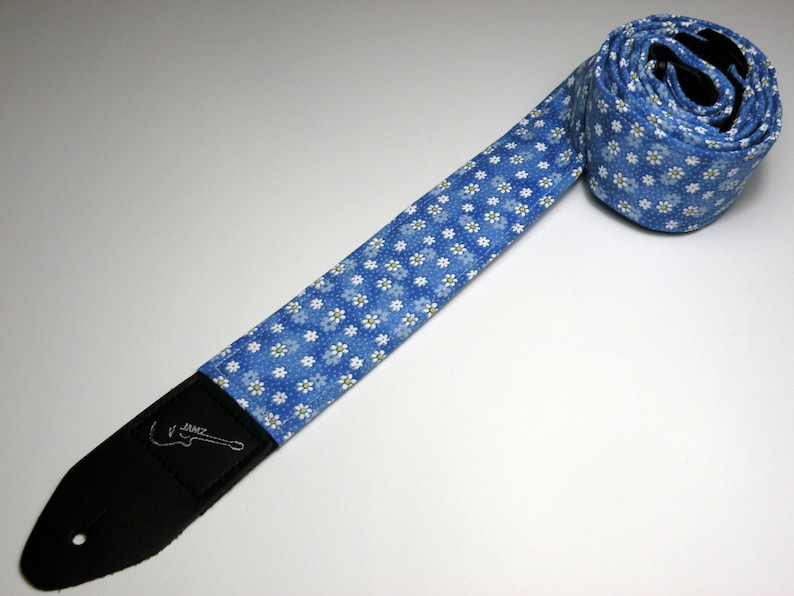 DAISY PATCH Guitar Strap Blue with White Daisies Cute Womens Girls Flowers Handmade image 1