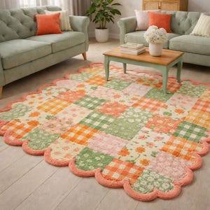 Pastel Patchwork Hand Tufted Ruge Scalloped Edge Wool Rug, Checkerboard Area Rug, Cuta Cottagecore