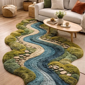 Alfombra de musgo tejida a mano: alfombra de lana inspirada en un río, alfombra con formas orgánicas, paisaje natural
