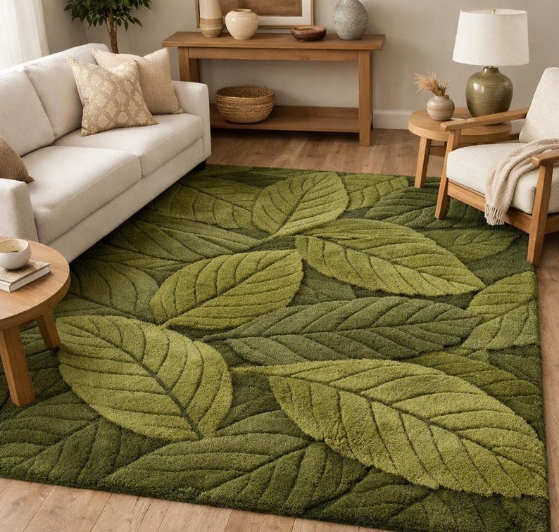 Moss Green Leaf Pattern Rug – Hand Tufted 100% Wool Area Rug, Nature ...